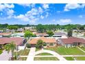 Wide aerial view showcasing this charming home in a quiet neighborhood with mature trees and well-maintained landscaping at 2119 Sugarbush Dr, Holiday, FL 34690