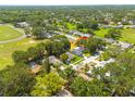 Overhead view of a neighborhood with tree-lined streets, green space, and single-Gathering homes at 310 Arbor E Dr, Palm Harbor, FL 34683