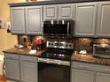 Modern kitchen features gray cabinets, granite countertops, and stainless steel appliances at 2810 Ravendale Ln, Holiday, FL 34691