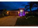 Night view of single-story home featuring a well-maintained lawn and an attached two-car garage at 31244 Baclan Dr, Wesley Chapel, FL 33545