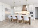 Gourmet kitchen with modern white cabinets, pendant lighting, stainless appliances, and a large kitchen island at 4616 W Estrella St, Tampa, FL 33629