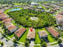 An aerial view highlights this home's location, surrounded by mature landscaping and a neighborhood lake at 13113 Green Violet Dr, Riverview, FL 33579