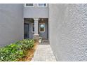 Inviting front entrance featuring a stone-accented column, landscaped walkway, and a glimpse of the front door at 4653 Ancona Way, Wesley Chapel, FL 33543