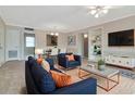Well-lit living room with stylish blue furniture, rug, and open layout to the dining area at 10330 Carrollwood Ln # 95, Tampa, FL 33618