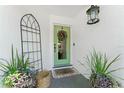 Welcoming front entryway with a green door, decorative plants, and a 'hello' door mat at 1313 W Carissa Ct, Tampa, FL 33604