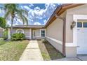 Inviting home exterior with a walkway leading to the front door and lush tropical landscaping at 14105 Farmington Blvd, Tampa, FL 33625
