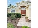 Inviting front entrance with a double door, tiled walkway, and neat landscaping at 19743 Ellendale Dr, Land O Lakes, FL 34638