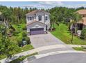 Aerial view of a well-maintained two-story home with a paved driveway and lush green backyard at 30326 Ceasar Park Dr, Wesley Chapel, FL 33543