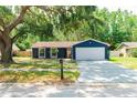 Charming single story home with a two car garage, blue exterior, and mature landscaping at 5346 Black Pine Dr, Tampa, FL 33624