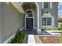 Welcoming front entrance with a stylish door, decorative windows, and manicured landscaping, creating curb appeal at 31111 Bridgegate Dr, Wesley Chapel, FL 33545
