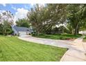 Long driveway leading to a well-maintained home with lush landscaping, perfect for a serene living environment at 15917 Dover Cliffe Dr, Lutz, FL 33548