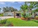 Charming exterior of a blue home featuring lush tropical landscaping, a manicured lawn, and stone details at 21906 Shamu Dr, Land O Lakes, FL 34639