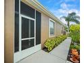 Side view of the house featuring a screened lanai, neat landscaping, and a walkway at 7606 Berna Ln, Land O Lakes, FL 34637