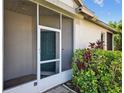 Screened entryway with a charming front door and lush, mature landscaping at 1822 Sassafras Dr, Wesley Chapel, FL 33543