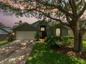 Charming single-Gathering home featuring a well-manicured lawn and inviting front entrance with mature shade trees at 18930 Wood Sage Dr, Tampa, FL 33647
