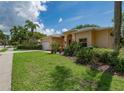 Landscaped front yard with mature plants and trees, leading to a single-story home with a two-car garage at 2406 Dana Dr, Safety Harbor, FL 34695