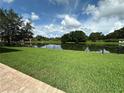 Lush green lawn overlooking a serene pond, enclosed by a black metal fence, creating a peaceful backyard oasis at 1008 Arista Blvd, Valrico, FL 33594