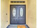 Close up of double front door with decorative glass and a cheerful 'Home Sweet Home' mat at 10206 Evening Trail Dr, Riverview, FL 33569
