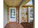 Close-up of the front door, showcasing stone detailing and mosaic tile flooring at 13909 Berkowitz Ave, Hudson, FL 34667