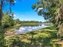 Picturesque view of a tranquil lake surrounded by lush greenery and clear skies at 1753 Ranchette Rd, Wesley Chapel, FL 33543