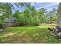 Spacious backyard with lush green grass, mature trees, and a wooden fence at 2108 E Linebaugh Ave, Tampa, FL 33612