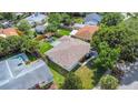 Aerial view showing a large backyard with a pergola, lush greenery, and well-maintained landscaping at 245 Grove Cir N, Dunedin, FL 34698