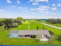 An aerial view shows the home and pool, surrounded by sprawling fields and lush greenery at 34215 Kiefer Rd, Dade City, FL 33525