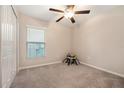 Comfortable carpeted bedroom featuring a ceiling fan, closet space, and a window for natural light at 4726 Wild Senna Blvd, Tampa, FL 33619