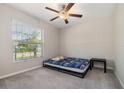 Cozy bedroom with carpet flooring, a ceiling fan, and a bright window allowing natural light at 4726 Wild Senna Blvd, Tampa, FL 33619