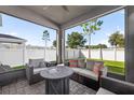 Relaxing screened patio with comfortable seating and a view of the backyard at 33854 Floating Heart Ct, Wesley Chapel, FL 33545