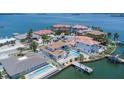 An aerial view of a beautiful home with a pool on the water and a private dock at 451 Palm Ne Is, Clearwater Beach, FL 33767