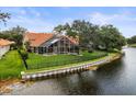 Stunning backyard view featuring a screened-in pool, waterfront access, and meticulously manicured lawn at 18917 Avenue Biarritz, Lutz, FL 33558