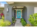 Attractive front entrance with a modern blue glass door, arched doorway, elegant house numbers and manicured landscaping at 2581 61St S Ave, St Petersburg, FL 33712
