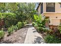 Landscaped walkway leading to the townhome, bordered by manicured bushes and trees at 4103 Via Piedra Cir # 10-101, Sarasota, FL 34233