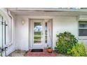 Close-up of the front door showcasing a decorative glass window and well-maintained exterior, creating an inviting entrance at 1607 New Bedford Dr, Sun City Center, FL 33573