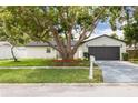 Inviting single-story home with a lush shade tree, grey garage door, fresh paint, and a well-maintained lawn at 12092 97Th Ave, Seminole, FL 33772