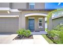 Close-up of the home's entrance, showing a blue front door, tidy landscaping, and manicured lawn at 10360 Blue Plume Ct, Riverview, FL 33578