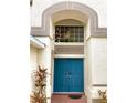 Inviting blue double front doors with a large window above, framed by light stucco walls at 10924 Summerton Dr, Riverview, FL 33579