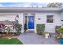 Inviting entryway with a vibrant blue door and decorative plants, enhancing curb appeal at 1384 S Hillcrest Ave, Clearwater, FL 33756