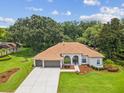 Aerial view of a home with a well-manicured lawn, landscaping, and a three-car garage at 18803 Misty Shores Ln, Lutz, FL 33548