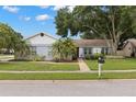 Charming single-story home with well-manicured lawn, mature trees and landscaping with a brick walkway leading to the front door at 3501 Sarazen Dr, New Port Richey, FL 34655