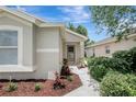 Close up on the entrance to a single story home with well-manicured landscaping at 4129 Marlow Loop, Land O Lakes, FL 34639