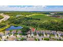 Expansive aerial view featuring a home with verdant landscaping and serene ponds in a picturesque neighborhood at 8050 Praise Dr, Tampa, FL 33625