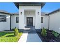 Grand front entrance showcasing a white exterior, landscaped beds, and a decorative black door at 14080 Sydney Rd, Dover, FL 33527