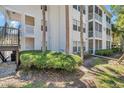 Rear exterior of building featuring porch and stairs, surrounded by lush landscaping at 3301 Haviland Ct # 301, Palm Harbor, FL 34684