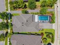 An aerial view of a home with a screened-in pool and well-maintained backyard at 3833 Villamore Ln, Odessa, FL 33556