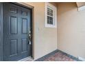 Close-up of the black front door with secure key lock system and a small side window at 3918 Silverlake Way, Wesley Chapel, FL 33544