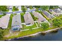 Aerial view of homes near a serene lake and lush greenery, with screened in pools at 12631 Chenwood Ave, Hudson, FL 34669