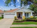 Inviting single-story home with a manicured lawn and a welcoming covered porch at 18203 Tivoli Ln, Lutz, FL 33558
