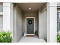 Inviting front entrance featuring a decorative wreath, a welcoming mat, and lovely green plants at 18527 Cortes Creek Blvd, Spring Hill, FL 34610